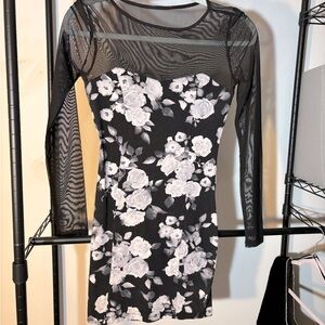 Black and white floral dress with black sheer neckline and arms -size S